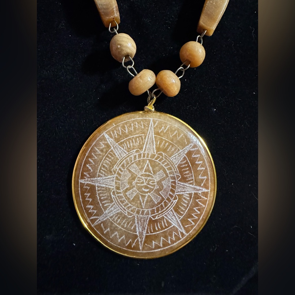 Statement Carved Calcite Mayan Aztec Sun Stone Necklace